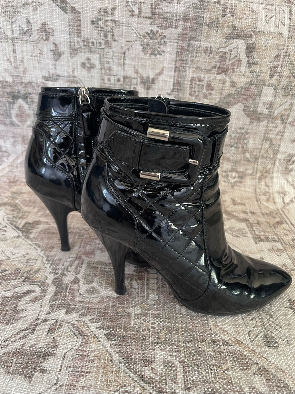 Burberry Black Quilted Patent Ankle Booties with Buckle Accent